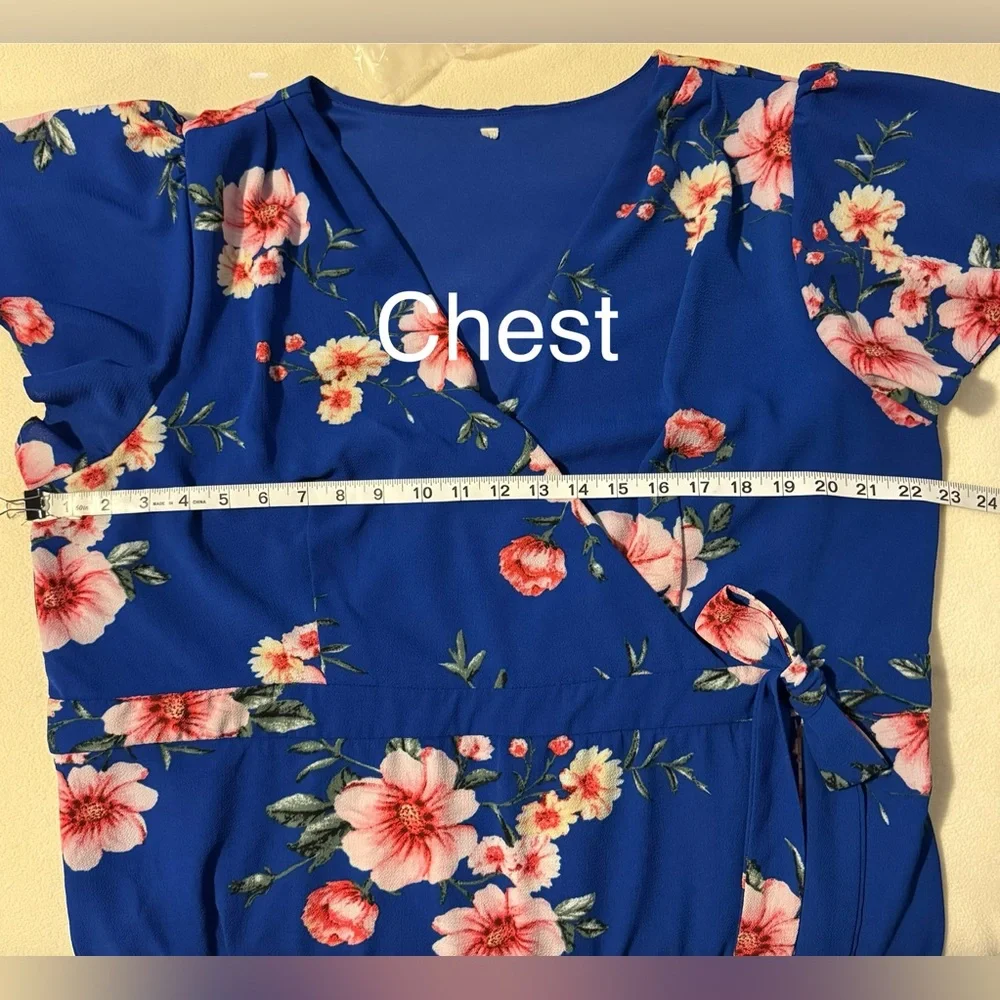 Vibrant Floral Dress 18/20 Blue & Botanical Pinks Faux-wrap Midi - Picture 8 of 11